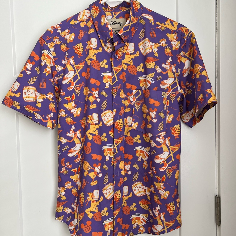 RSVLTS Purple Short Sleeve Button-Down Shirt with Orange & White Print
